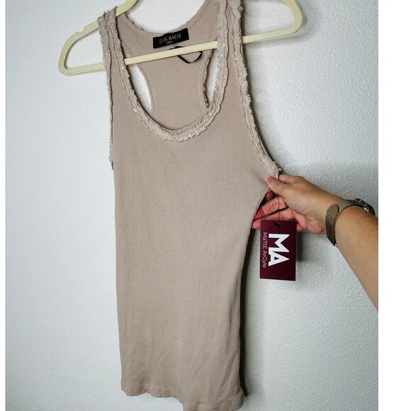 NWT Dis Moi Tan Rib Knit Racer Back Lace Edging Tank Top - Picture 3 of 9